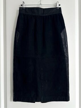 Vintage Leather Suede Pencil Skirt Midi Black Panel High Waist XS 2